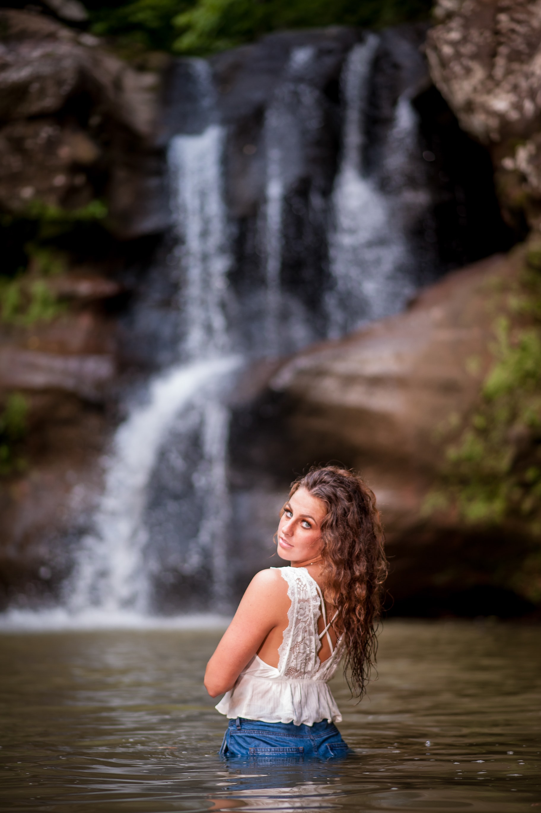 Fine art senior portrait at waterfall — Wellston Ohio luxury senior photography